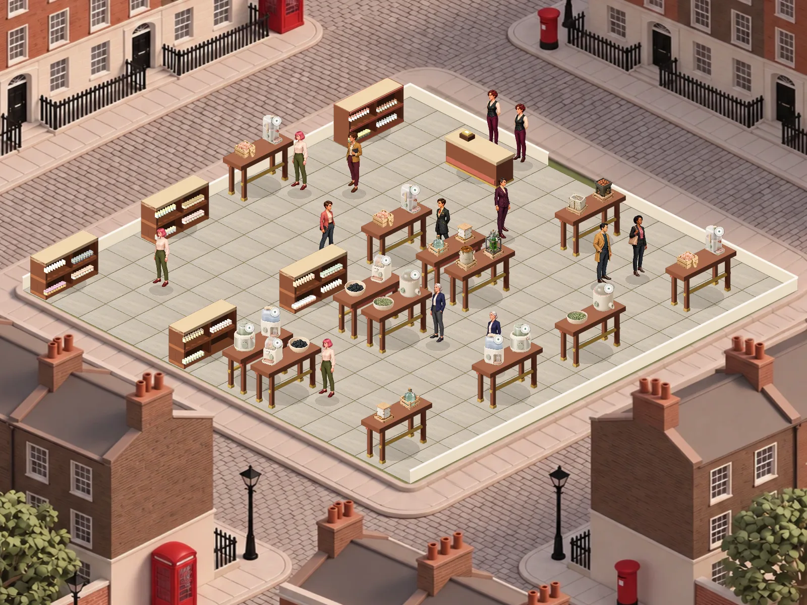 A fully fitted London shop in the game, with stocked shelves along the back wall, production benches, staff and customers